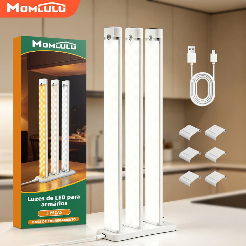 MOMLULU Luz De LED Com Sensor Brilho Ajustável 3peças Luzes De Armário+Base Ultra Fina Para Armário Cozinha Escadari
