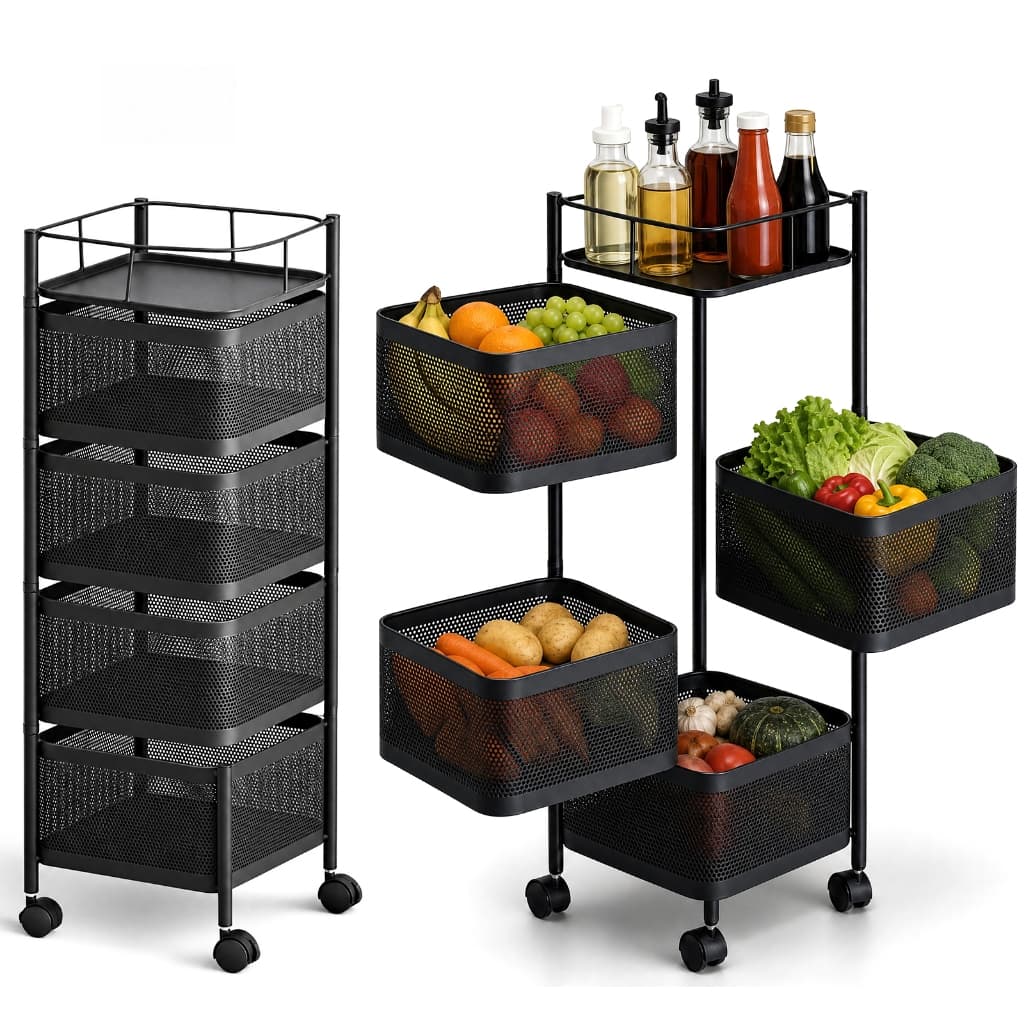 Fruteira De Chão 4 Cestos Articulados Metal Cozinha Organizador Vertical Com Rodinhas