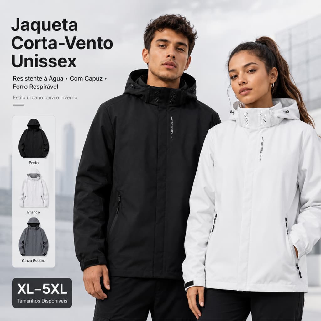 Jaqueta Corta Vento Unissex Resistente à Água com Capuz Forro Respirável