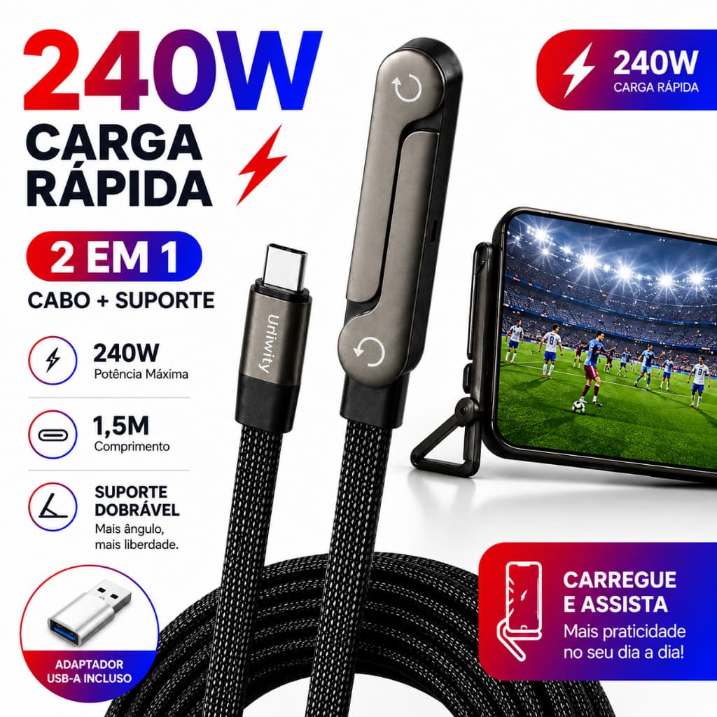 Cabo Tipo C/USB A para Type-C 240W 2 em 1 com Suporte Dobrável para Jogos e Carga Rápida