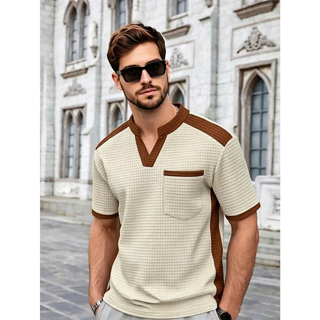 Textura Waffle marrom contraste cor gola Polo vários detalhes de costura masculino diário de manga curta topo
