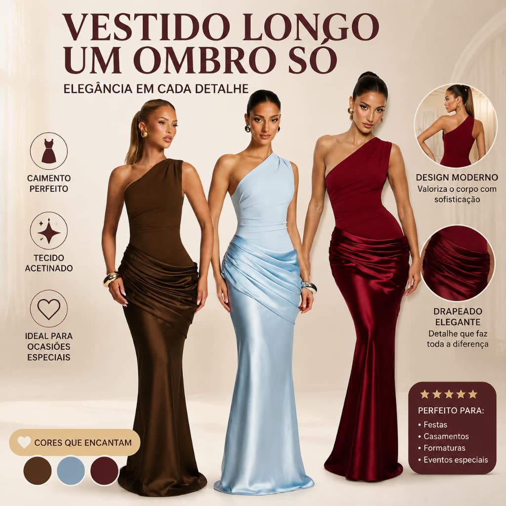2026 Saia longa feminina de cetim, gola Diagonal de um ombro, Design plissado, cintura alta, Slim Fit, quadril-W