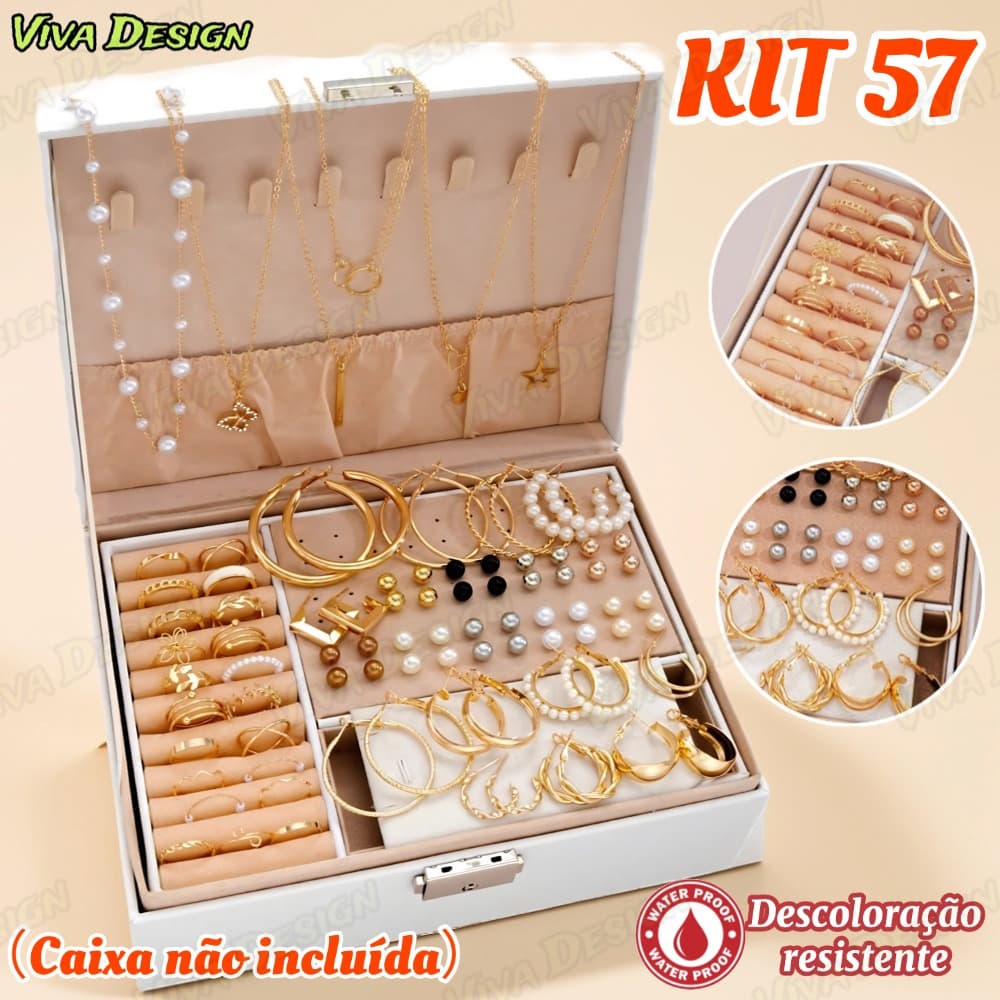 Kit de Joias Femininas 57 Peças Colares Brincos e Anéis Dourados A Prova d'Água Presentes Surpresas