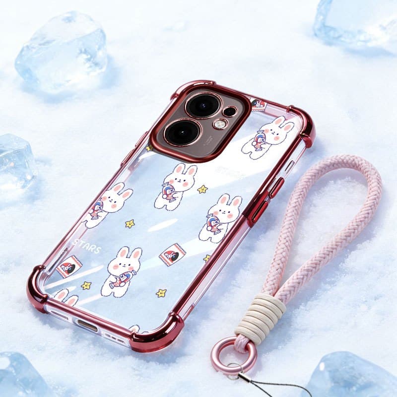 YBD Capa Transparente Para OPPO Reno 13 13F Cartoon Bear Dog Doodle Padrão Com Alça De Pulso Portátil