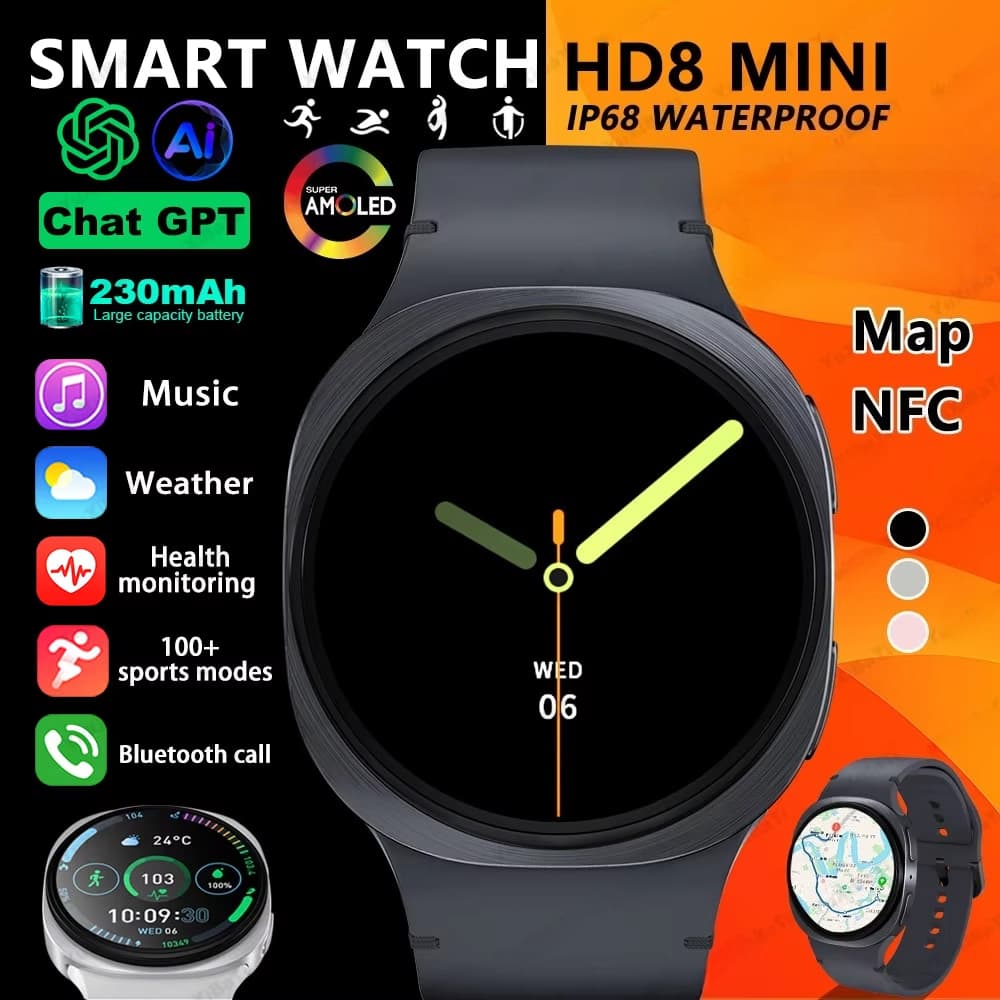 Novos Relógios 8 Mini 40MM GPS Pista Relógio Inteligente Para Homens Mulheres Saúde Esporte AMOLED Freqüência Cardíaca B