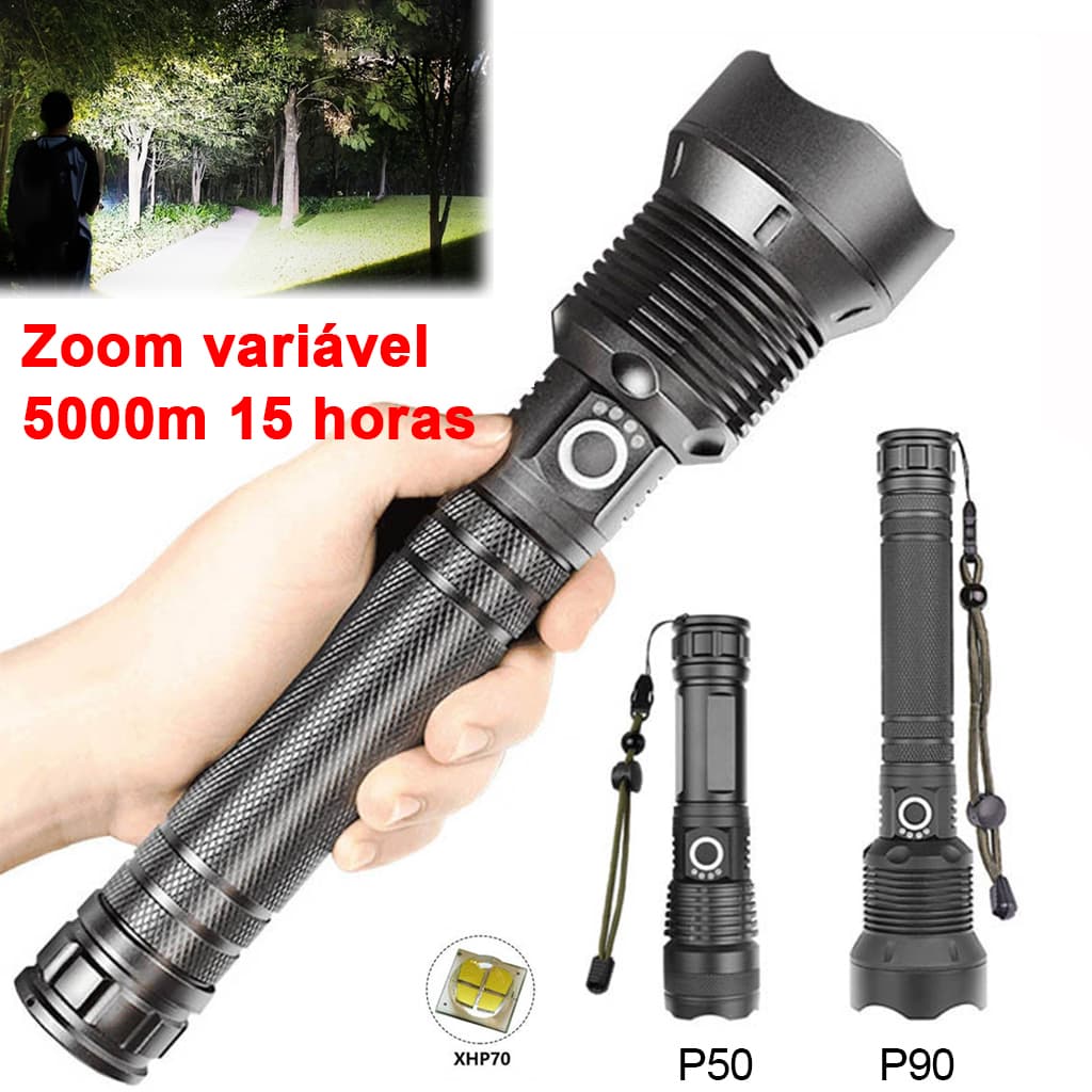 Lanterna LED tática de forte luz P90/P50, 5000 lúmens, zoom ajustável e 3/5 modos
