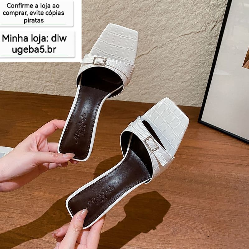 Verão novo estilo preto crocodilo padrão salto Stiletto dedo do pé quadrado strass salto alto meia chinelos