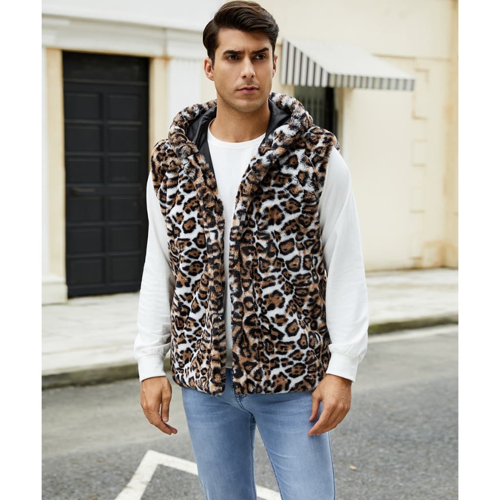 Colete masculino de pele sintética com capuz e estampa de leopardo colete de pele Artificial