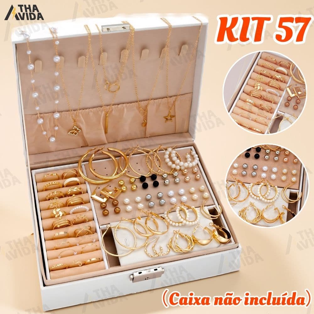 Kit 57 de Joias Femininas 57 Peças Colares Brincos e Anéis Dourados A Prova d'Água Presentes Surpresas