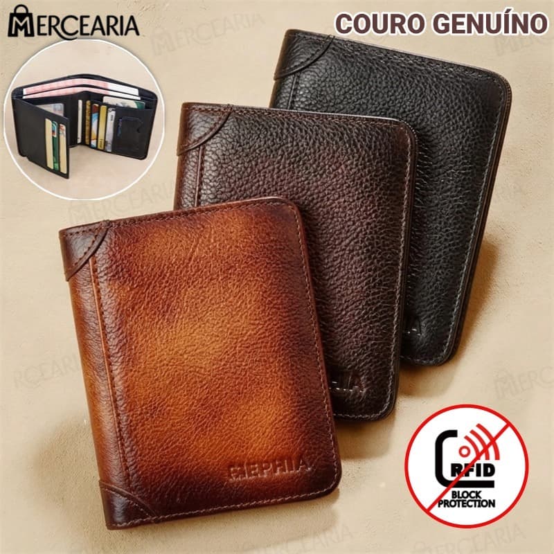 Carteira Antifurto Masculina De Couro Legítimo Vintage De Trifold E Bifold À Escolha Carteira estilo executivo-MC