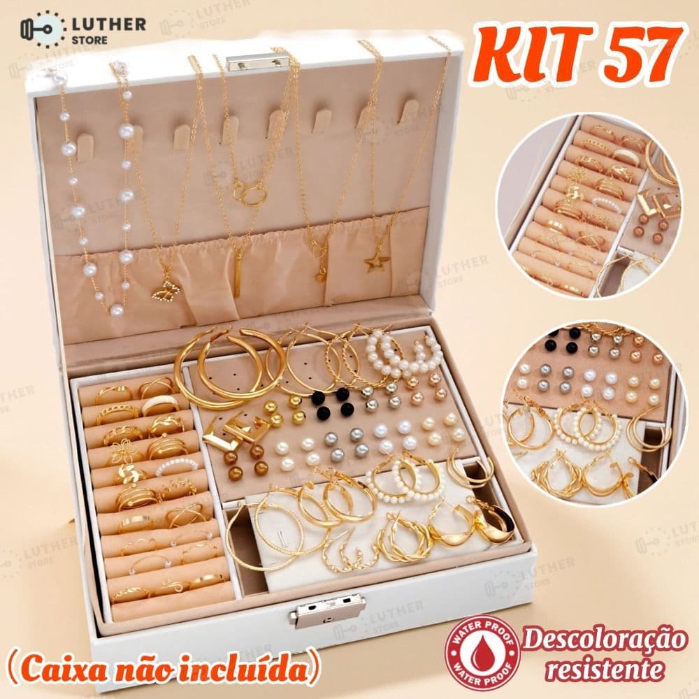 Kit 57 de Joias Femininas 57 Peças Colares Brincos e Anéis Dourados A Prova d'Água Presentes Surpresas