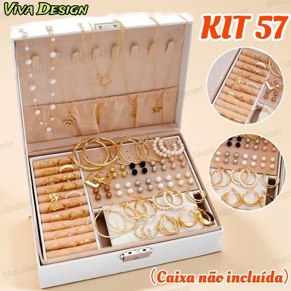 Kit 57 de Joias Femininas 57 Peças Colares Brincos e Anéis Dourados A Prova d'Água Presentes Surpresas