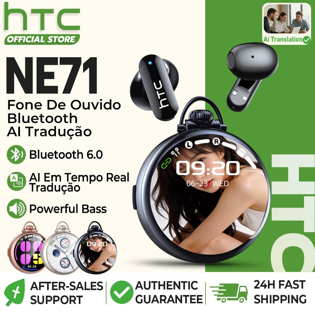 HTC NE71 Fone De Ouvido Bluetooth 6.0 AI 135 Tradução Idiomas Em Tempo Real Fone TWS Sem Fio Tela táctil LCD Microfone