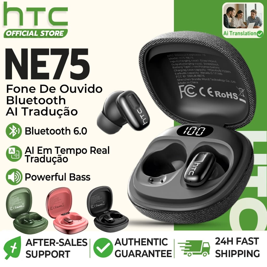HTC NE75 Fone De Ouvido Bluetooth 6.0 AI Tradução Sem Fio 135 Idiomas Tradução Em Tempo Real HD LED Display HIFI Microfo