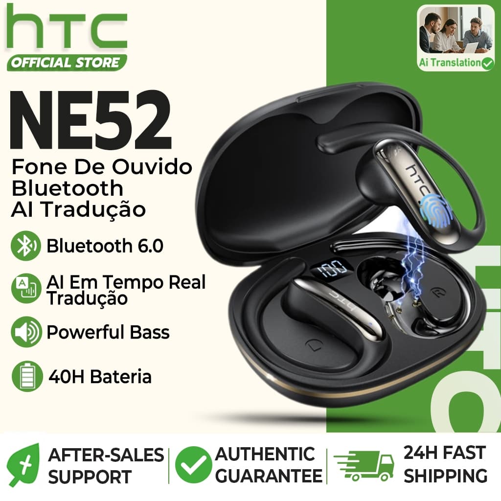 HTC NE52 AI Em Tempo Real Tradução Gancho De Orelha Fone De Ouvido Bluetooth 6.0 Sem fio Som Surround 360° Microfone