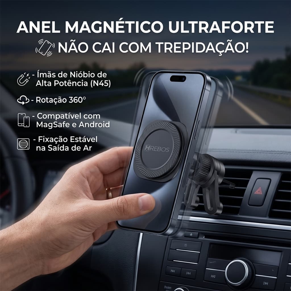 HREBOS x HEYOO 360° Suporte magnético giratório para carro, saída de ar, modelo Anti-queda dedicado