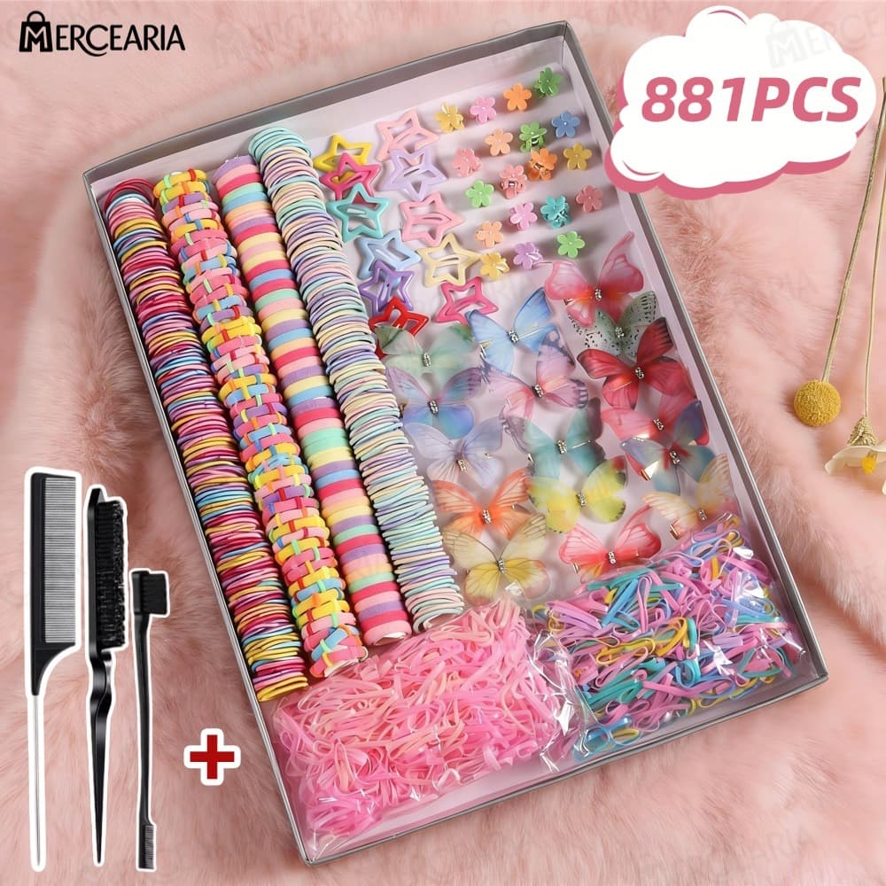 Conjunto com 881pcs de elásticos de cabelo coloridos mistos com clipes em forma de estrela para penteados.
