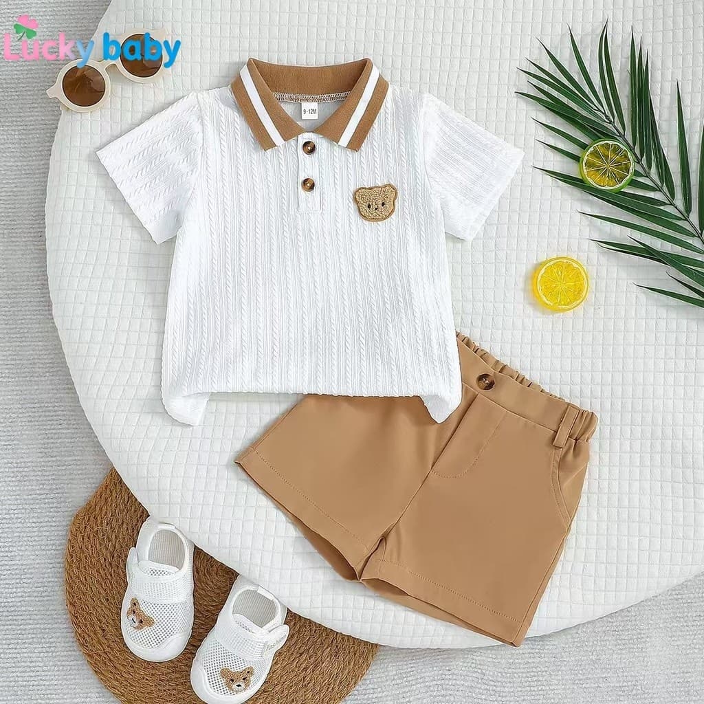 Lucky Baby Conjunto Bebê Menino – Polo Bordado e Shorts, Material Macio e Alta Qualidade, Confortável para Verão