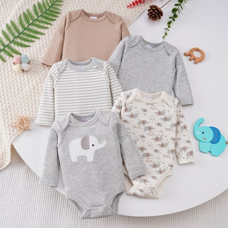 Lucky Baby Kit 5 Peças Body Longo Manga Longa Recém-Nascido Tricô Suave Ideal 0 a 9 Meses Uso Diário