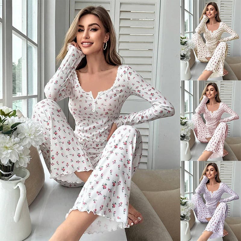 Feminino Ditsy Floral Pijama Conjunto De 2 Peças Doce Decote Em V Plissado Guarnição Manga Longa Topo Calças Compridas M