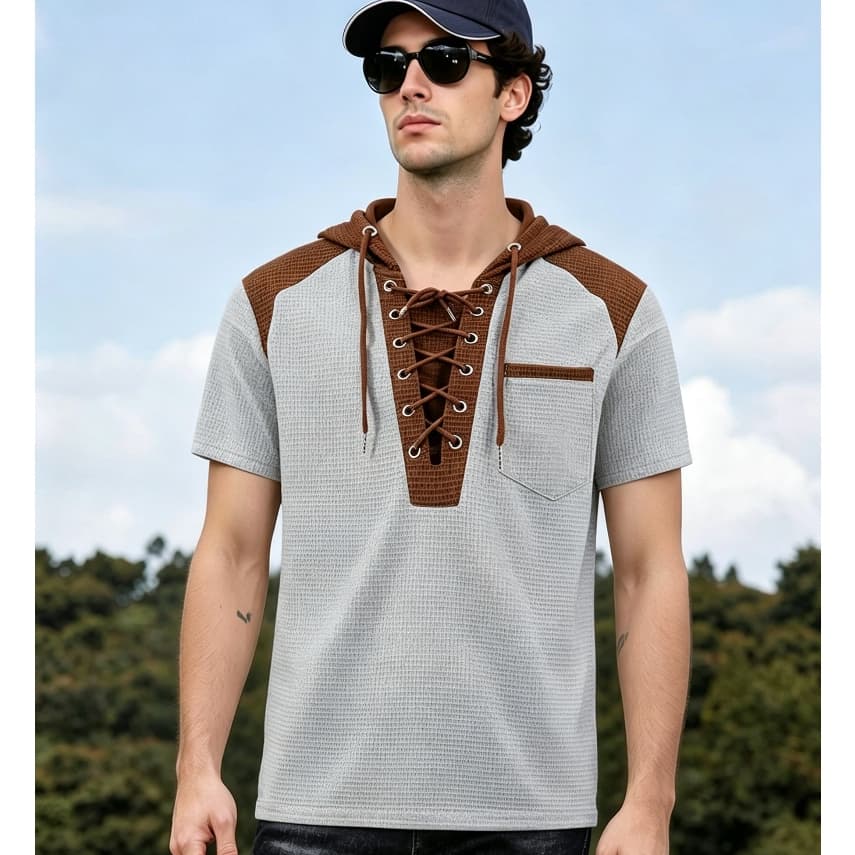 Waffle respirável masculino com capuz de manga curta ajustável corda com capuz ombro contraste costura combinando bolsos