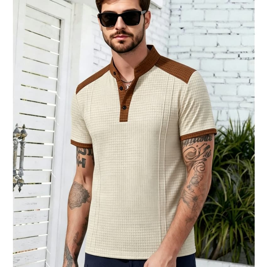 Masculino fino Waffle textura gola alta Polo de manga curta carcela de três botões costura de ombro contraste cor punhos