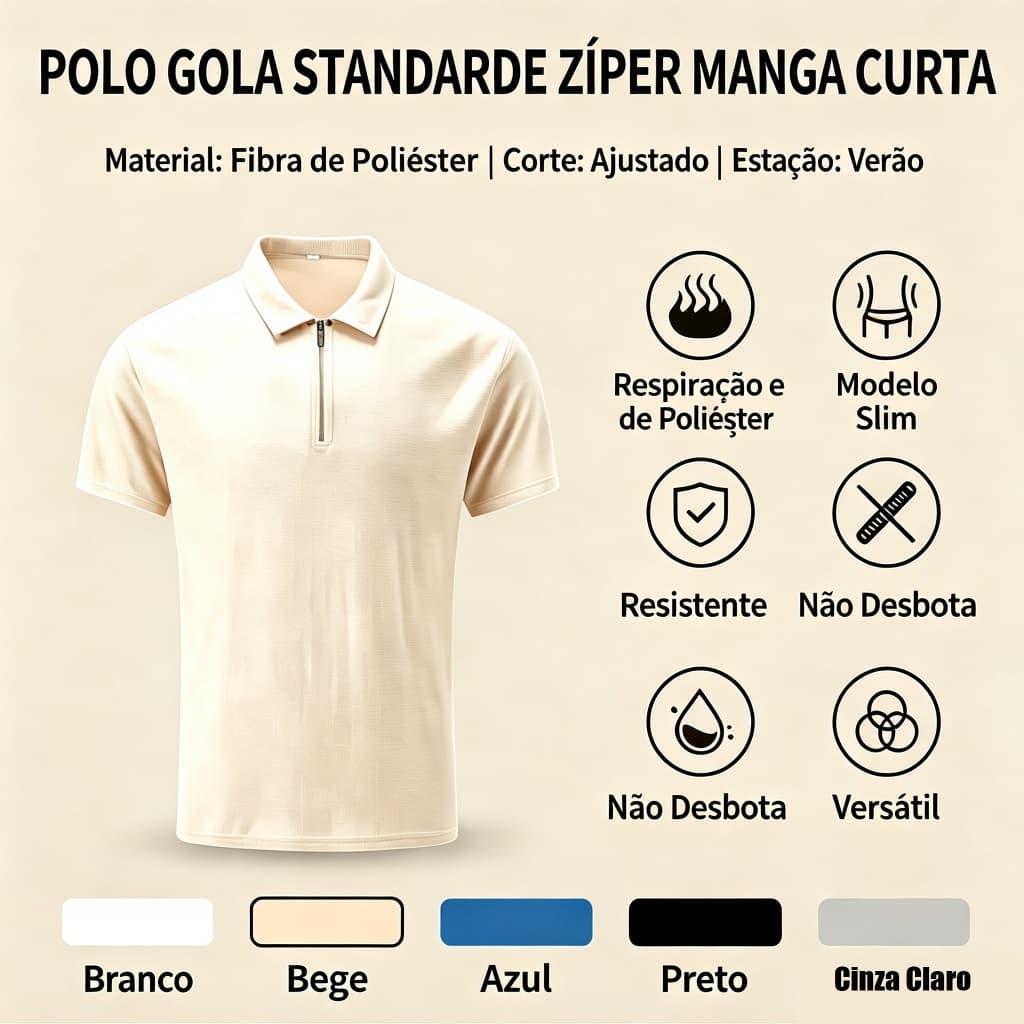Polo masculino de manga curta com lapela Regular e meio zíper, alfaiataria Slim Fit, respirável, adequado para a pele, t