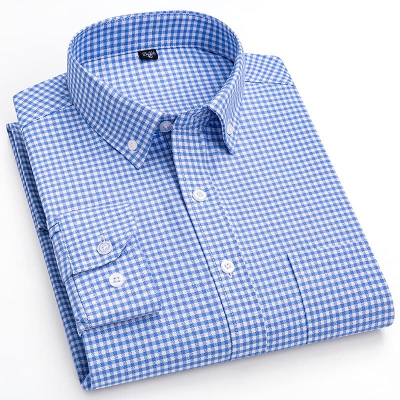 Camisa masculina 100% algodão Oxford tecido xadrez de manga comprida, versão padrão Plus Size 47, camisa Casual respiráv