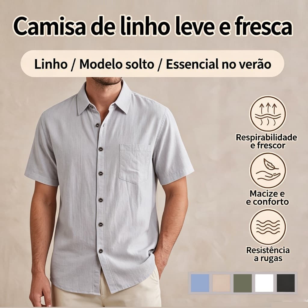 Camisa de lapela de linho plissada Natural, bolso quadrado de um lado, mangas curtas masculinas combinadas