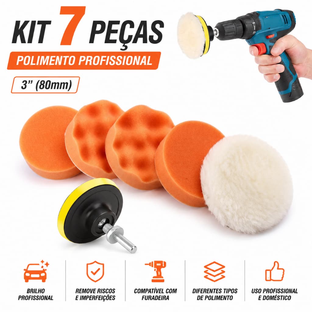Kit Boina Automotiva Polimento 3 Pol 7 Peças Espuma e Lã Com Suporte Para Furadeira e Parafusadeira