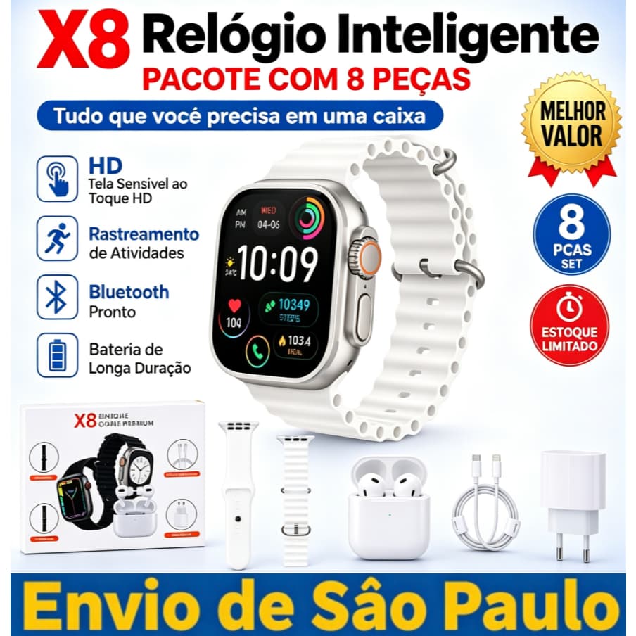 Em estoque em São Paulo️❗️X8 Pro/Plus Conjunto de Smartwatch - Receba Chamadas e Zappe no Pulso！Bonita caixa de presente