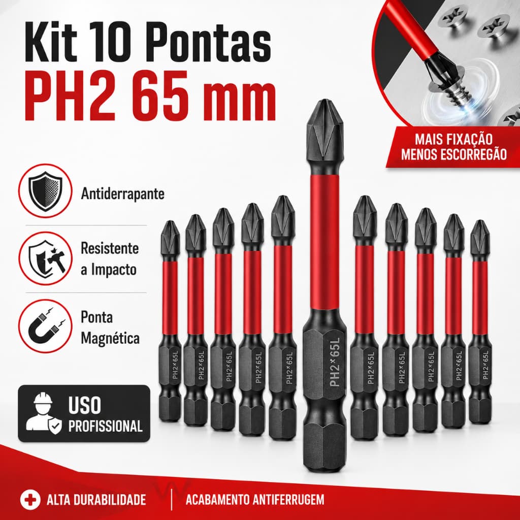 Jogo 10 Ponteiras Philips Magnéticos PH2 de Impacto Anti Derrapante Parafusadeira Bits Cruzado