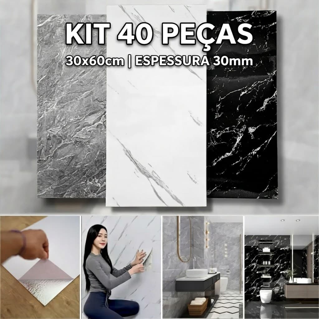 Kit 10/20/30/40 Placas Marmorizada 30x60cm=0.18m² Painel Flexível Impermeável Adesivo Decoração Sala Quarto Lavabo