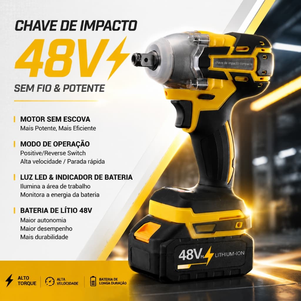 Chave De Impacto Sem Escova-Pistola De Alto Torque Fio De 48 V Com Bateria E Acessórios