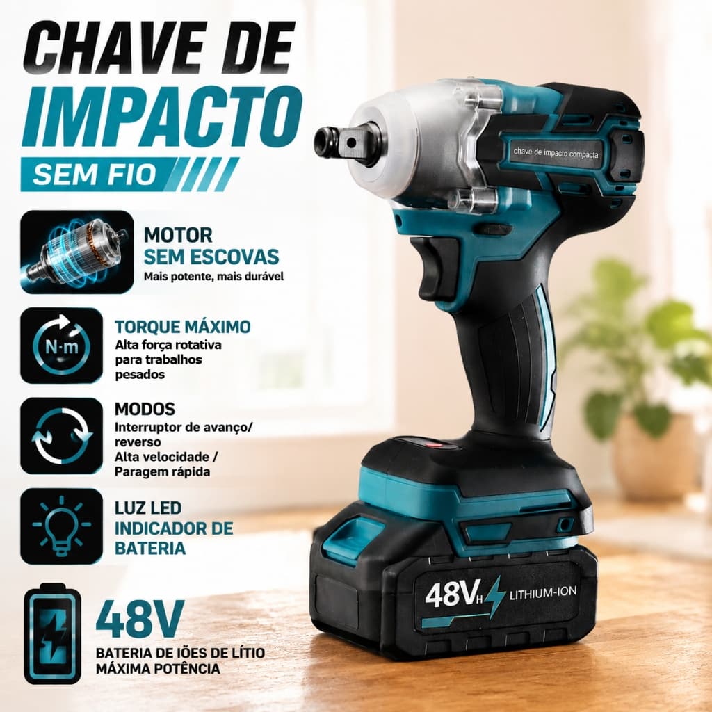 Chave De Impacto Sem Escova Para Carregador De Tensão Dupla-Fio Profissional De 48V Com Bateria