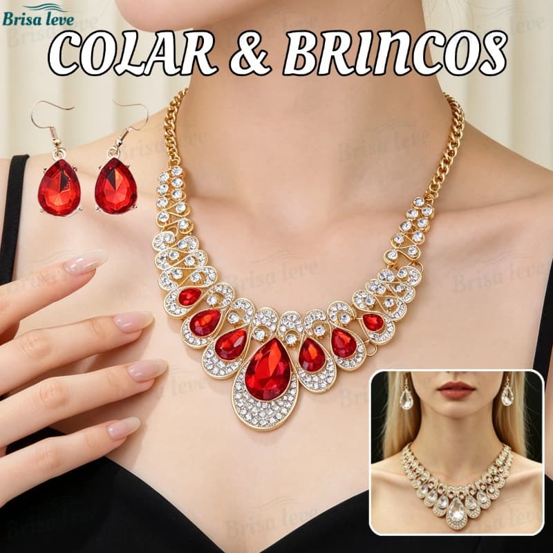 Conjunto De 3 Peças De Brincos E Colar Incrustados De Diamantes Vermelhos Da Sorte Auspiciosos De Ano Novo Para Mulheres