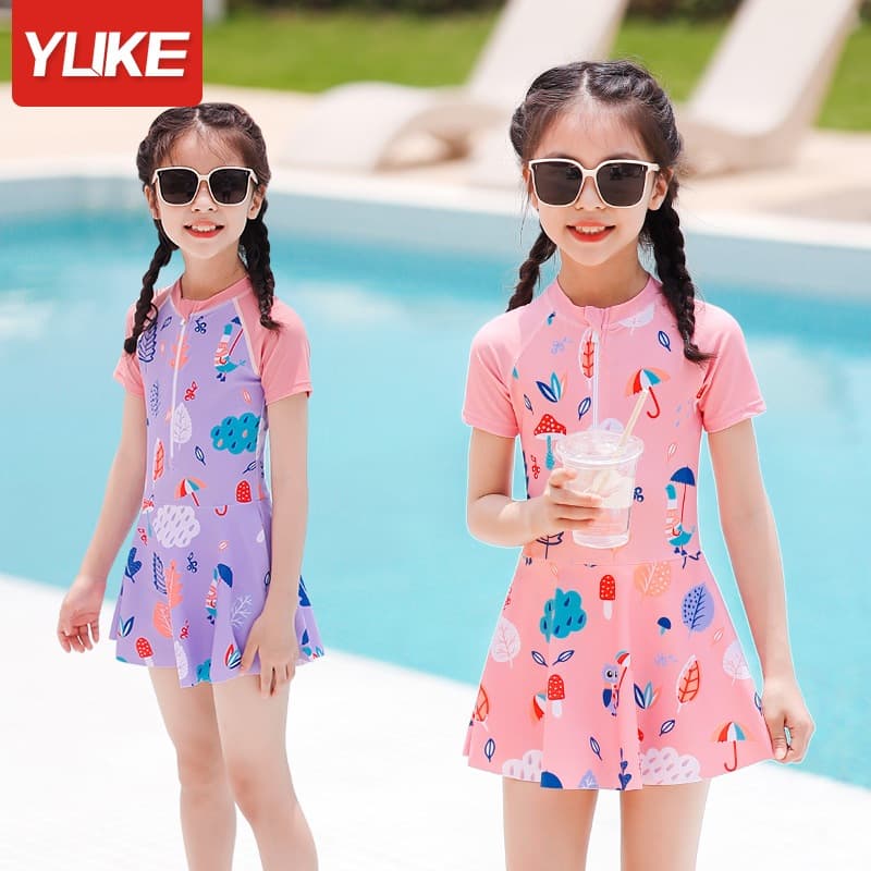 YUKE Retro Maiô De Uma Peça Meninas Frente Zíper Impressão Roupa De Banho Para Crianças Princesa Saia Terno De Natação