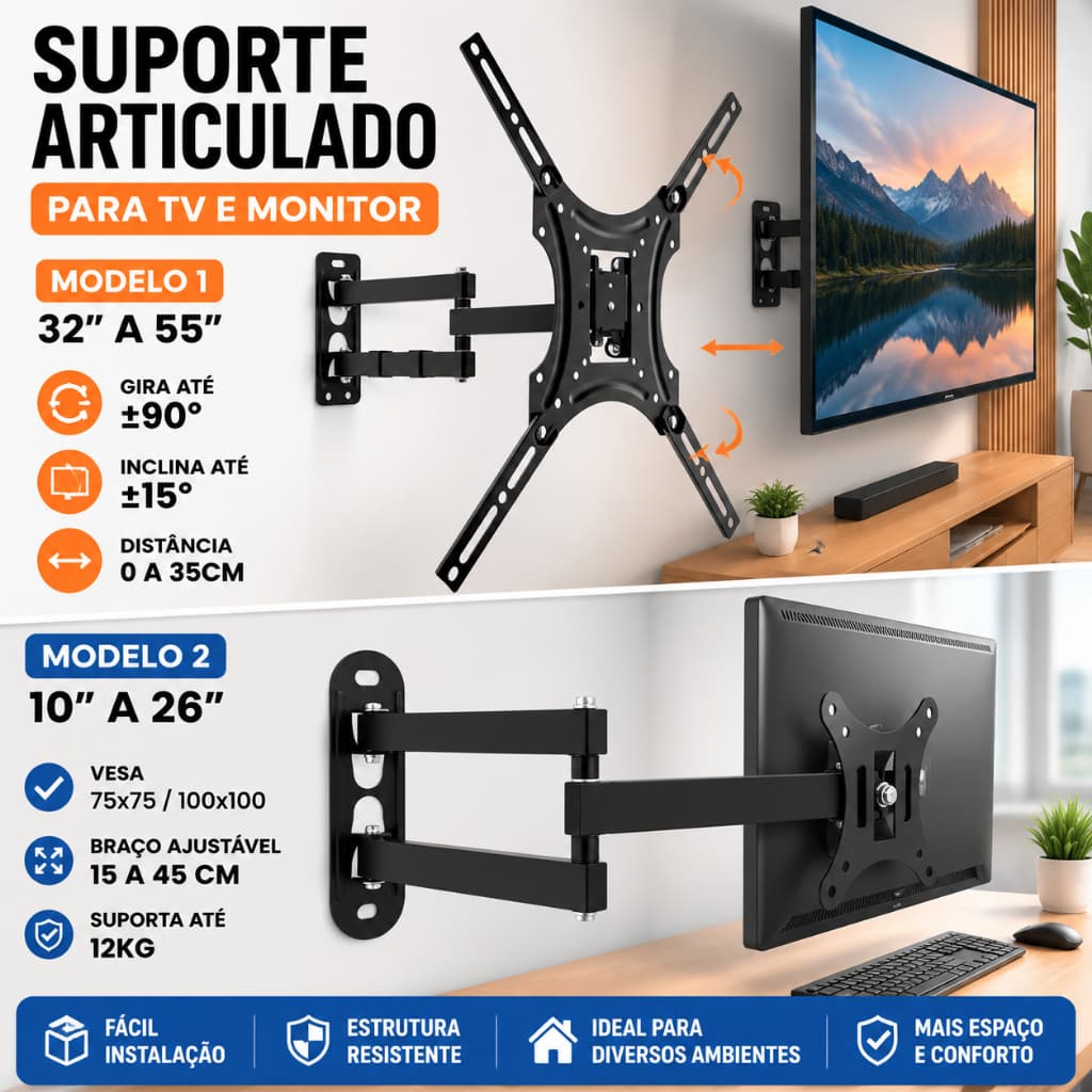 Suporte Tv Tri Articulado Lcd Led Plasma 10 A 26 e 32 A 55 Pol Para Parede VESA 75x75mm/100x100mm