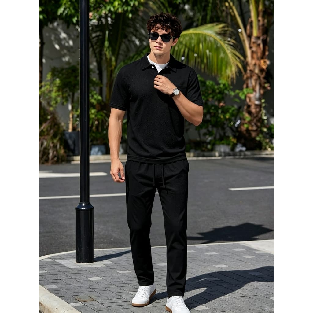 Terno de duas peças de linho masculino de verão, lapela botão meio aberto Polo combinando com cordão calças retas diário