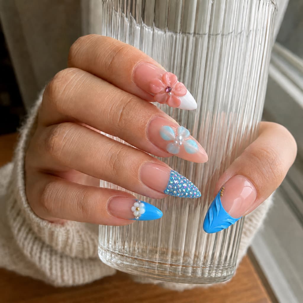 Aqua Blue AB Cristal Ponta Francesa Prensa Em Unhas Pérola Flor Mermaidcore Amêndoa 10pcs