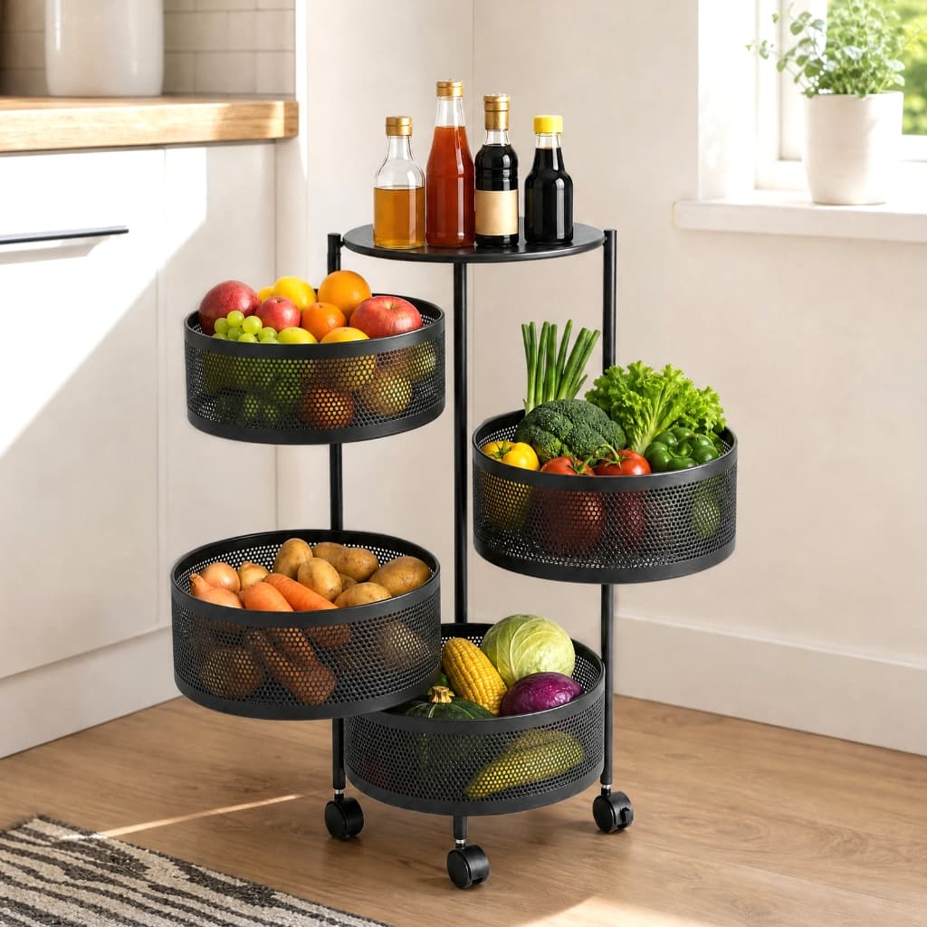 Suporte Giratório De Armazenamento De Frutas E Vegetais De 4 Camadas , Preto Redondo 360 °Prateleira