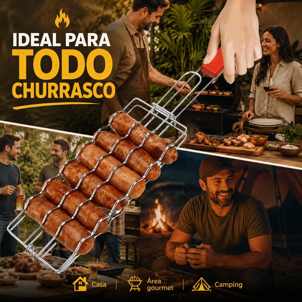 Grelha Dupla Abre E Fecha Para Churrasco Legumes Peixes Aço 47CM Inox Portátil