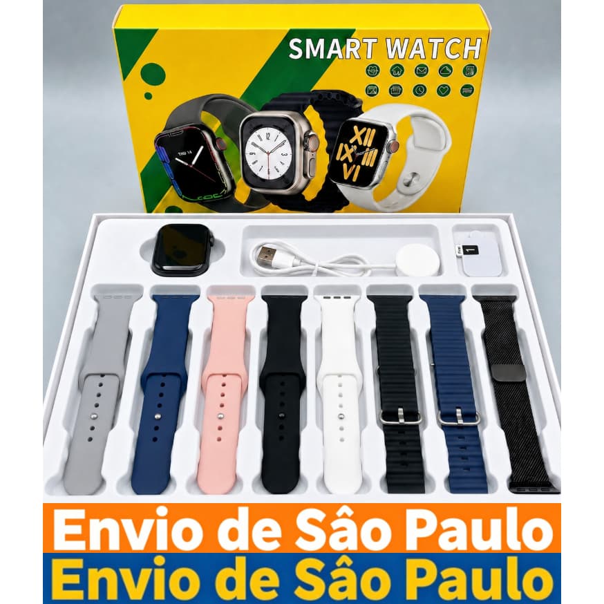 Conjunto 8 em 1 com Desconto, Smartwatch S20 Pro Max Multipack, Relógio Original 45mm para Homem e Mulher, com Bluetooth