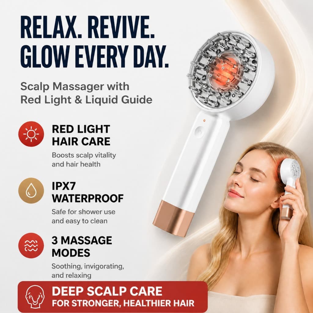 Massageador Elétrico Recarregável Do Couro Cabeludo Com Luz Vermelha 3 Modos De Massagem IPX7 À Prova D'água Aplicador D
