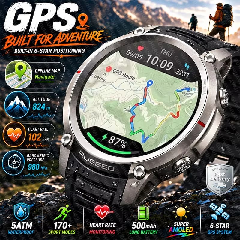 Novo Embutido GPS Aventura Ao Ar Livre Relógio Inteligente Masculino Bússola Altímetro 5ATM À Prova Dwaterproof Água AMO