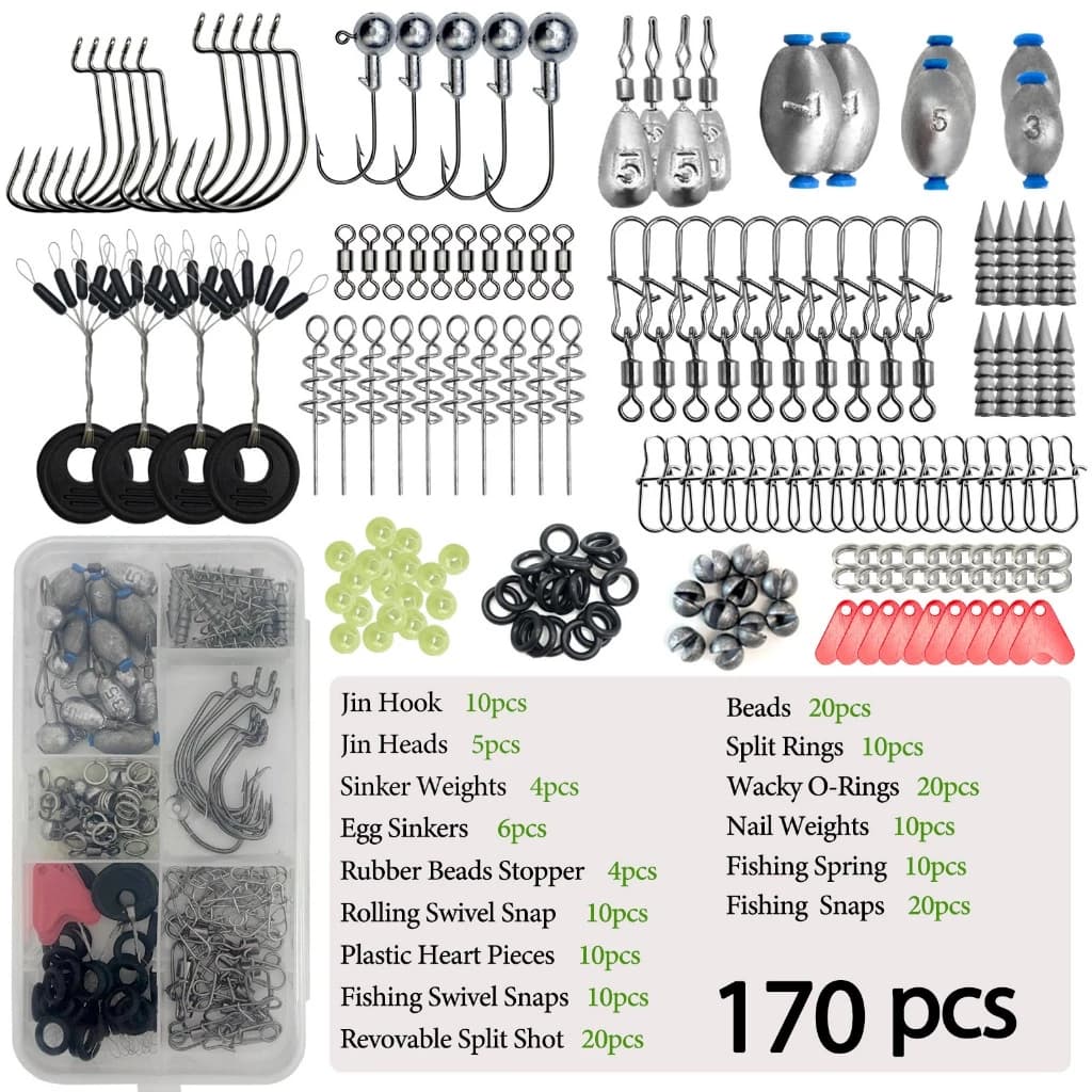 170pcs Fishing Accessories Kit with Fishing Box Fish Hooks Swivels Sinkers Outdoor Fishing Accessories Set