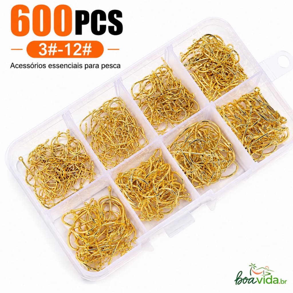 Kit Caixa de Pesca com 600 Anzóis Chinu Dourado #3 ao #12