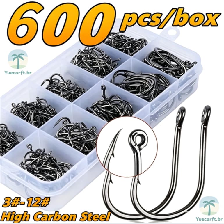 Kit Caixa de Pesca com 600 Anzóis Chinu Dourado #3 ao #12