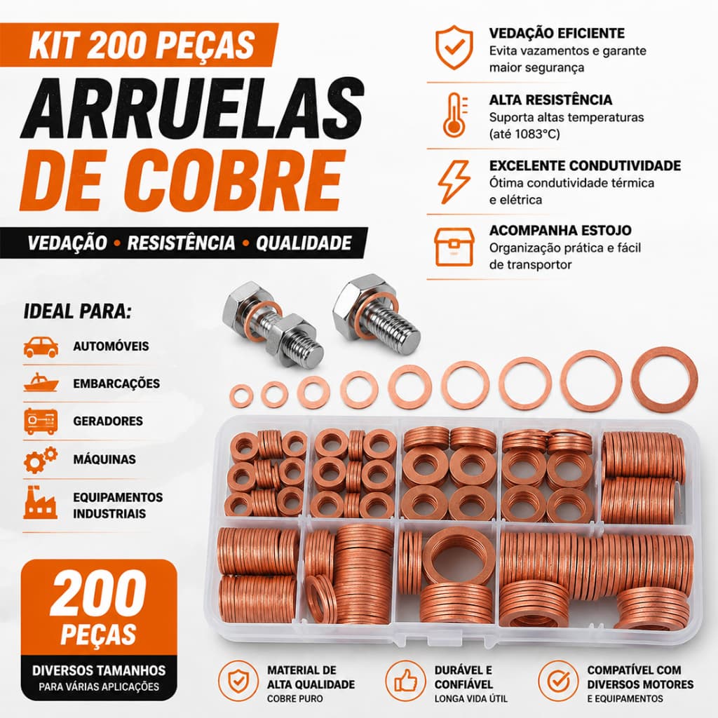 200 Peças Conjunto De Junta De Arruela De Cobre Vedação De Anel Plano Sortido Para Reparos