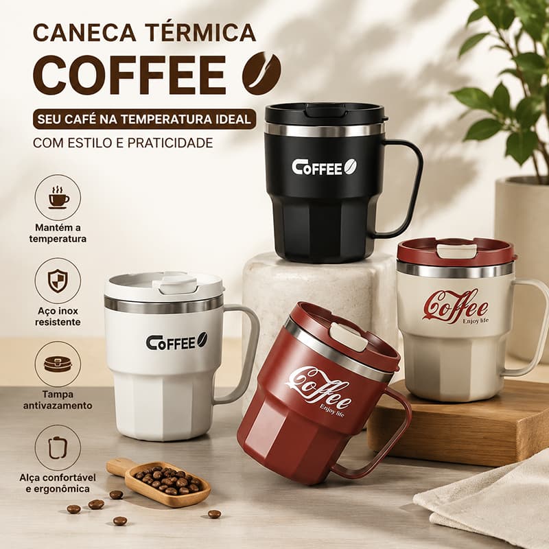 Caneca Térmica 400ml De Café Aço Inoxidável Capa Resistente Ao Calor Alça Casa Escritório